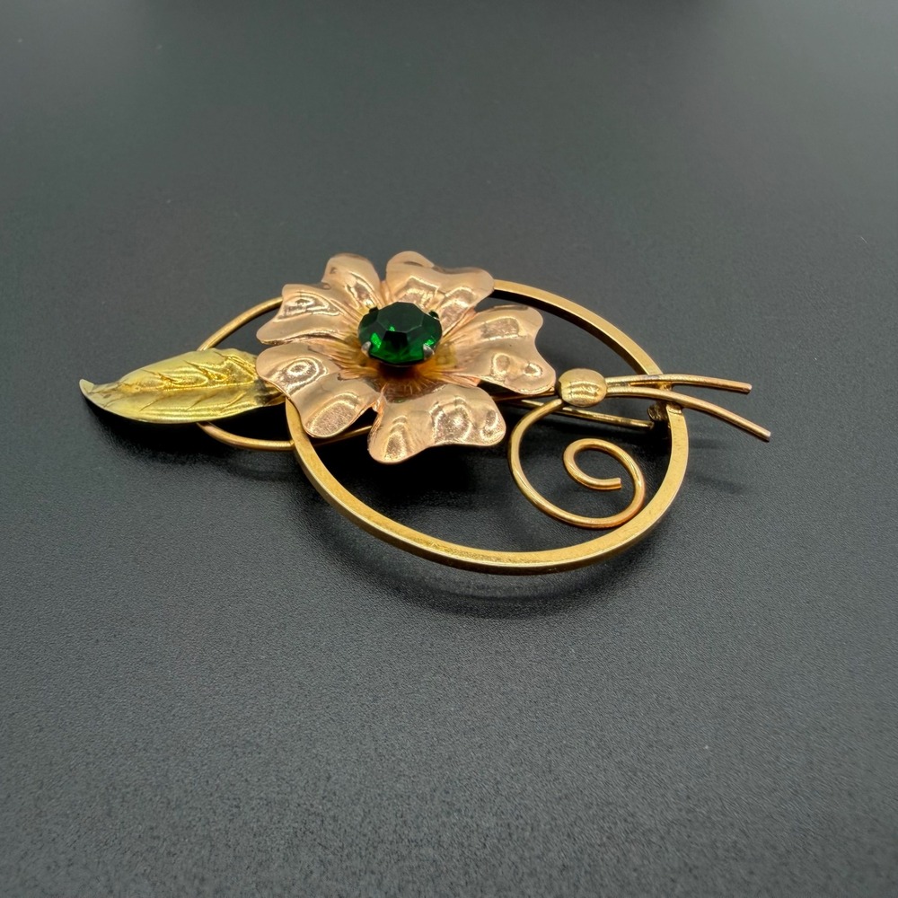 Vintage Bal-Ron 12K Gold Filled Flower Brooch Green Rhinestone RoseGold Tone